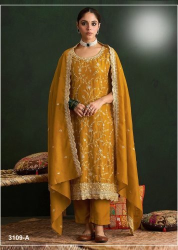Fancy Designer DN 3109 Vichitra Silk With Heavy Embroidery Work Pant Style Designer Suit Mustard Yellow Color