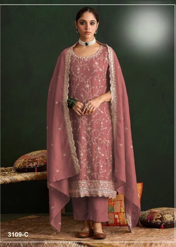 Fancy Designer DN 3109 Vichitra Silk With Heavy Embroidery Work Pant Style Designer Suit Dusty Rose Color