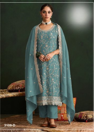 Fancy Designer DN 3109 Vichitra Silk With Heavy Embroidery Work Pant Style Designer Suit Teal Color