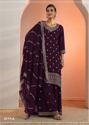 Fancy Designer DN 3111 Blooming Faux Georgette With Heavy Embroidery Work Palazzo Suit Purple Color
