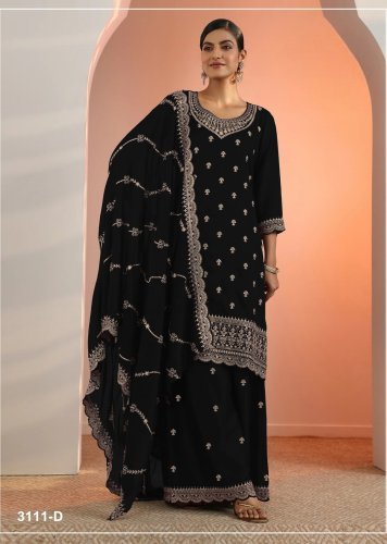 Fancy Designer DN 3111 Blooming Faux Georgette With Heavy Embroidery Work Palazzo Suit Black Color