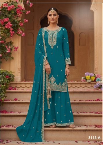 Fancy Designer DN 3113 Blooming Faux Georgette With Heavy Embroidery Work Palazzo Suit Blue Color