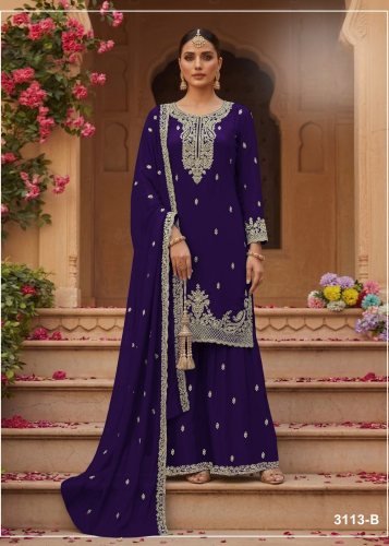 Fancy Designer DN 3113 Blooming Faux Georgette With Heavy Embroidery Work Palazzo Suit Purple Color