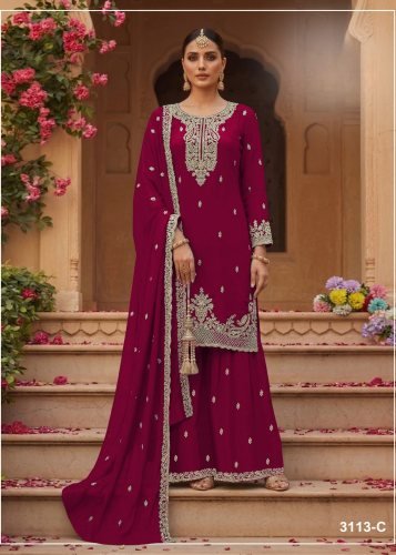 Fancy Designer DN 3113 Blooming Faux Georgette With Heavy Embroidery Work Palazzo Suit Maroon Color