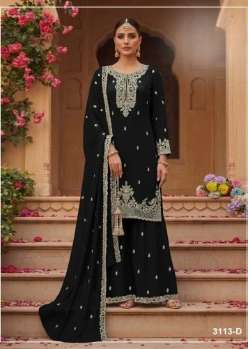 Fancy Designer DN 3113 Blooming Faux Georgette With Heavy Embroidery Work Palazzo Suit Black Color