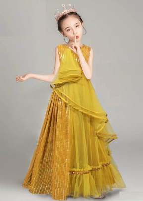 Fancy Designer Georgette With Sequence Work Children Gown Yellow Color DN 03