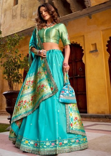 Fancy Designer  Parthian Silk Lehenga Choli With Zari Weaving Work And Thread Work Turquoise Blue Color LFH LNB DN 2030