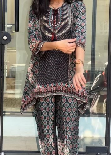 Fancy Designer Pure Natural Crape With Top With Palazzo Cord Set Black Color LFH BK DN 1349