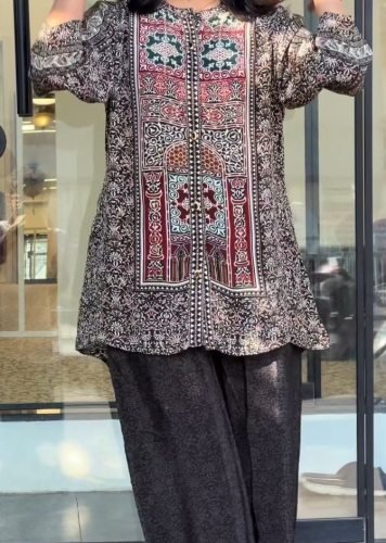 Fancy Designer Pure Natural Crape With Top With Palazzo Cord Set Black Multi Color LFH BK DN 1349