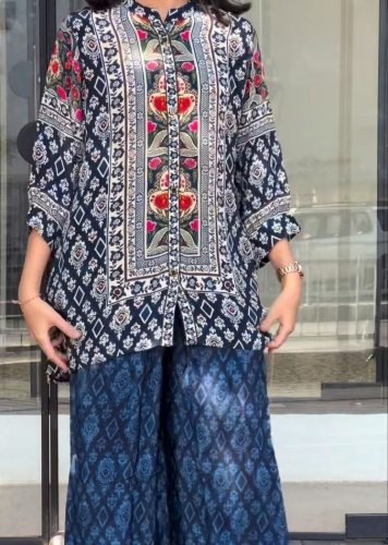 Fancy Designer Pure Natural Crape With Top With Palazzo Cord Set Blue Color LFH BK DN 1349