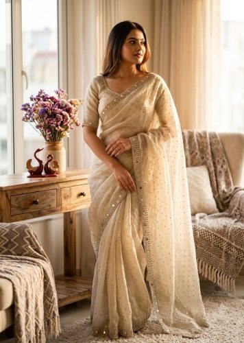  Fancy Designer Saree NC Moss Buti Jarkhan Diamond Work With Real Mirror Cream Corol DN 5638