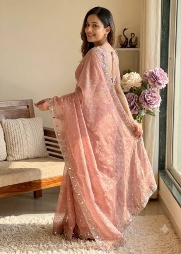  Fancy Designer Saree NC Moss Butte Jarkhan Diamond Work With Real Mirror  Peach Corol DN 5638