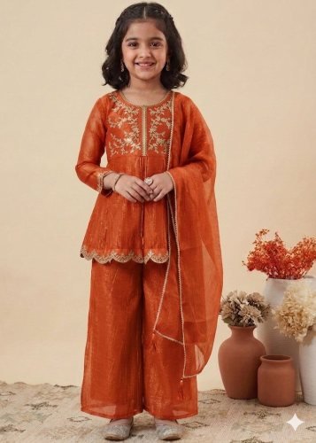 Fancy Designer Top Palazzo Dupatta Set Crunch Silk With Embroidery Work Orange Color LFH ST DN 0158