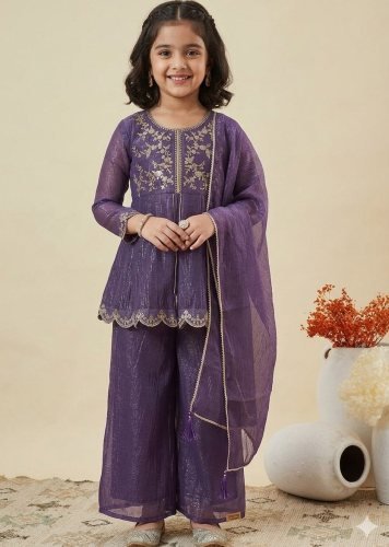 Fancy Designer Top Palazzo Dupatta Set Crunch Silk With Embroidery Work PurPle Color LFH ST DN 0158