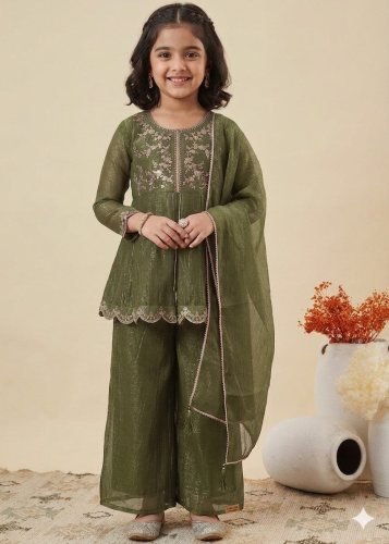 Fancy Designer Top Palazzo Dupatta Set Crunch Silk With Embroidery Work Olive Green Color LFH ST DN 0158