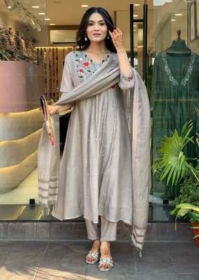 Fancy Kimaya Pure Viscose Chinon With Sequence Embroidery Work 3 Peaces Kurti  Set Grey Color 