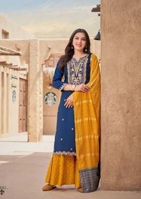 Fancy Krisha Vol 1  Rayon With Heavy Embroidery And Sequence With Quarding Work 3 piece Kurti Set Blue Color