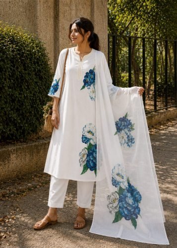 Fancy  Kurti Pent Dupatta Set  Lilan Cotton printed Lilian Festive Gatherings White And Blue Color 