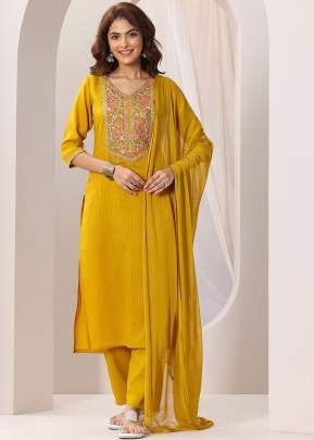 Fancy Mumtaj Heavy Reyon With Sequence Coding And Embroidery Work 3 piece kurtis set Yellow Color 