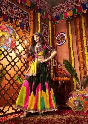 Fancy Navratri Collection Chaniya Choli Gajji Silk And Digital Printed With Mirror Work With Blouse Black Color 