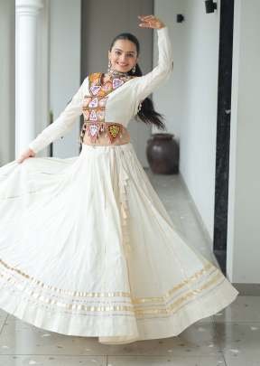 Fancy Navratri Kora Cotton With  Kutchi And Gamthi Embroidered Work Lehenga Chaniya White Color DN 5042