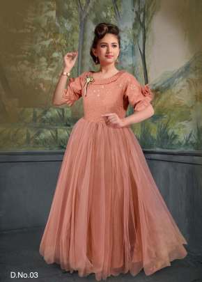 Fancy Reyon And Soft Net With Sequence And Thread Work Children Gown Peach Color DN 03