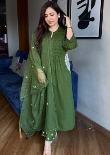  Fancy  Suit Sets in Pure Cotton with Fully Handwork Neck  beautifully designs prints and hand Buti Work Dark Green Color