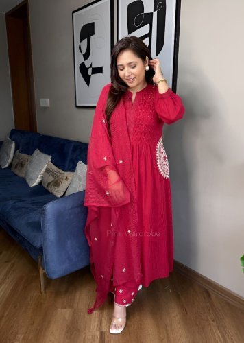  Fancy  Suit Sets in Pure Cotton with Fully Handwork Neck  beautifully designs prints and hand Buti Work Red Color