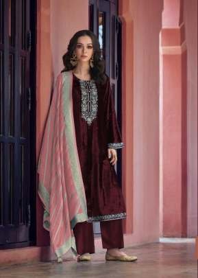 Fancy Velvet Suit With Embroidery Sequence Work Maroon Color DN 51001