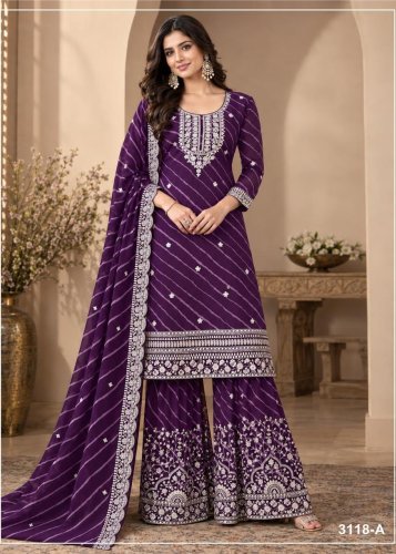 Faux Georgette Digital Printed Palazzo Suit with Heavy Embroidered Sequence & Zari Work Purple Palazzo Suit DN 3118