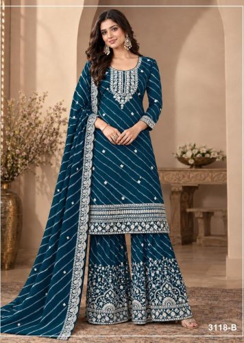 Faux Georgette Digital Printed Palazzo Suit with Heavy Embroidered Sequence & Zari Work Teal Blue Palazzo Suit DN 3118