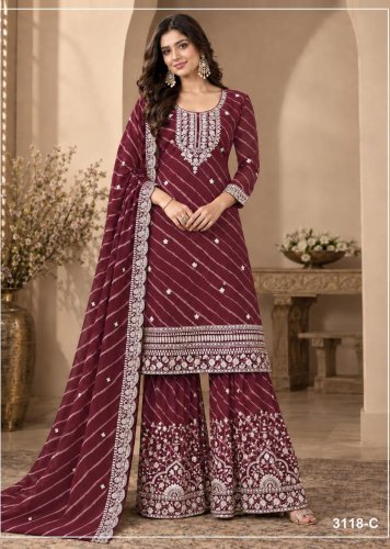 Faux Georgette Digital Printed Palazzo Suit with Heavy Embroidered Sequence & Zari Work Maroon Palazzo Suit DN 3118