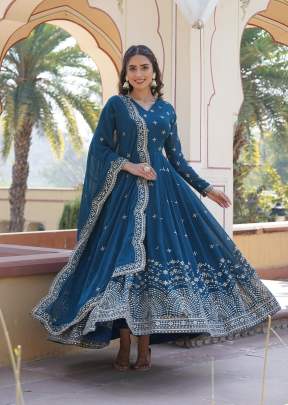 Faux Georgette With Zari & Sequence Embroidery Work Anarkali Gown With Dupatta Blue Color KA DN 1084