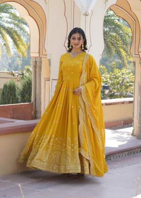 Faux Georgette With Zari & Sequence Embroidery Work Anarkali Gown With Dupatta Yellow Color KA DN 1084