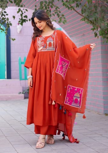 Festival Pro NX Anarkali Festival Special Soft Mul Chanderi Silk Kurti Bottom Dupatta Rust Orange Color