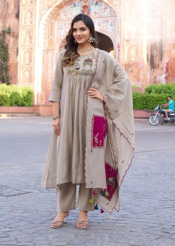 Festival Pro NX Anarkali Festival Special Soft Mul Chanderi Silk Kurti Bottom Dupatta Beige Color