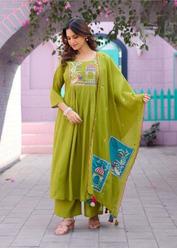 Festival Pro NX Anarkali Festival Special Soft Mul Chanderi Silk Kurti Bottom Dupatta Olive green Color