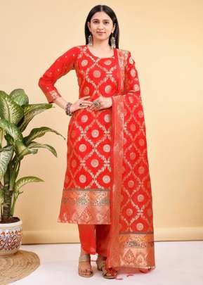 Festive Banarasi Silk Kurta Pant Dupatta Set With Woven Buti And Fully Lined Kurta Orange Color