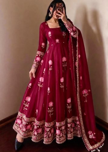 Festive Designer Fendy Silk With Heavy Sequence Embroidery Work Anarkali Gown  Burgundy  Wine Color DN 1724