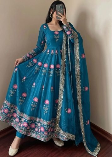 Festive Designer Fendy Silk With Heavy Sequence Embroidery Work Anarkali Gown Teal Blue Color DN 1724