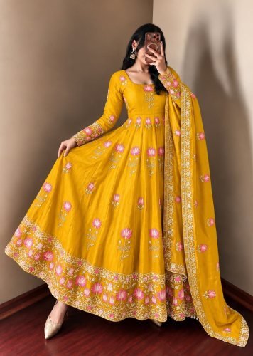 Festive Designer Fendy Silk With Heavy Sequence Embroidery Work Anarkali Gown  Mustard Yellow Color DN 1724