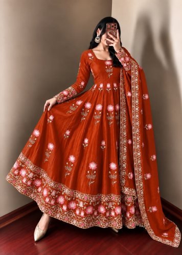 Festive Designer Fendy Silk With Heavy Sequence Embroidery Work Anarkali Gown Rust Orange Color DN 1724