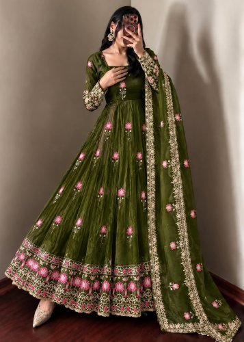 Festive Designer Fendy Silk With Heavy Sequence Embroidery Work Anarkali Gown Olive Green Color DN 1724