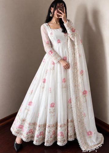 Festive Designer Fendy Silk With Heavy Sequence Embroidery Work Anarkali Gown Off White Color DN 1724