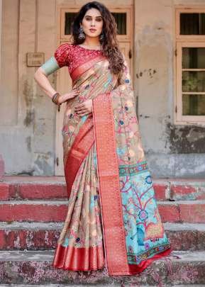 Festive Premium Tussar Silk Saree Lightweight, Soft And  Elegant Hand Painted And Digital Print inspired by Indian Folk Art  Beige Color DN 1062