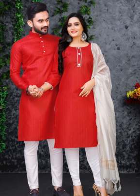 Festive Wear Pure Slub Cotton Fabric With Silver Weaving Lining Couple Collection Red Color