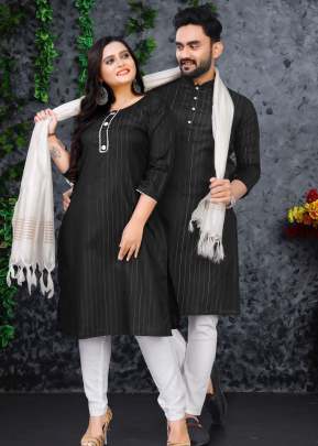 Festive Wear Pure Slub Cotton Fabric With Silver Weaving Lining Couple Collection Black Color