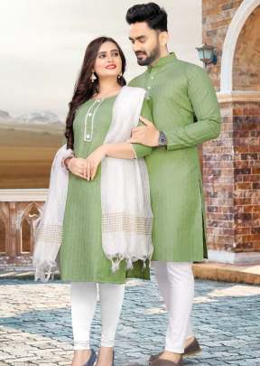 Festive Wear Pure Slub Cotton Fabric With Silver Weaving Lining Couple Collection Pista Color