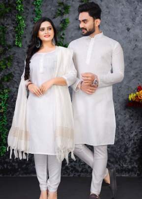 Festive Wear Pure Slub Cotton Fabric With Silver Weaving Lining Couple Collection White Color