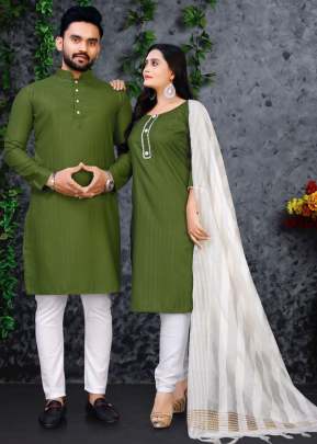 Festive Wear Pure Slub Cotton Fabric With Silver Weaving Lining Couple Collection Mehndi Color